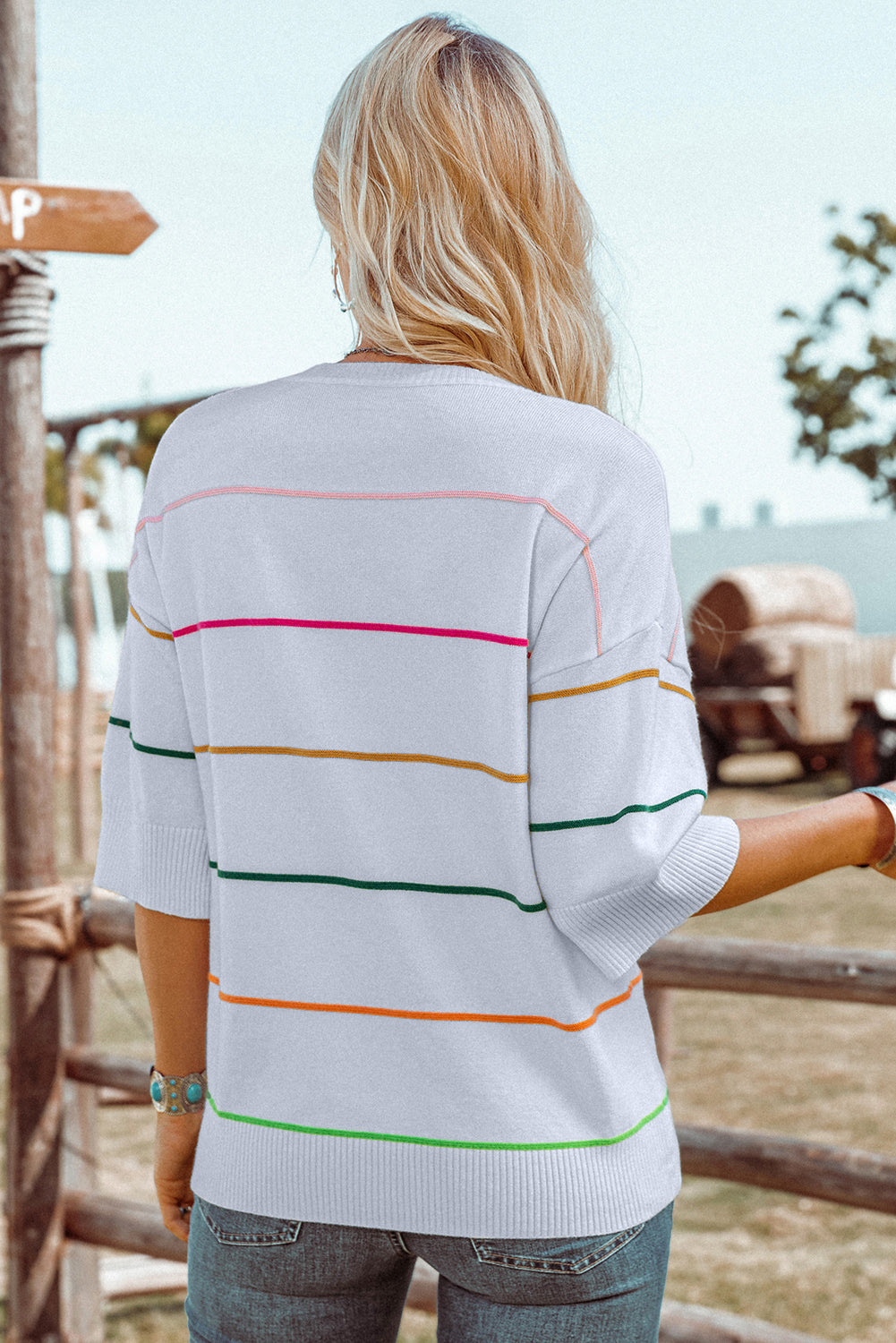 Striped Half Sleeve Drop Shoulder Sweater