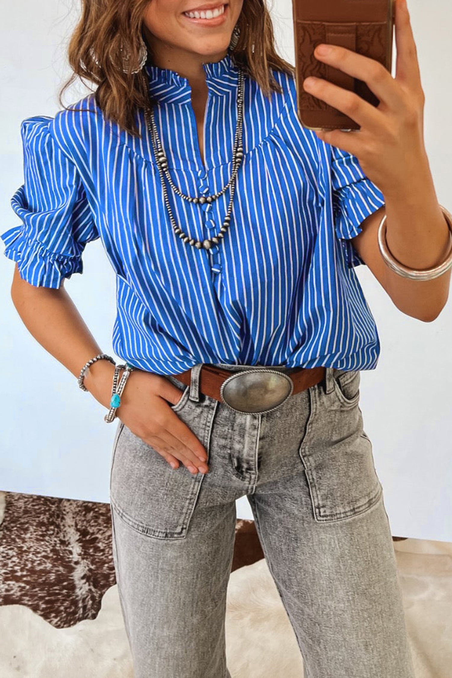 Stripe Ruffled Short Puff Sleeve Blouse