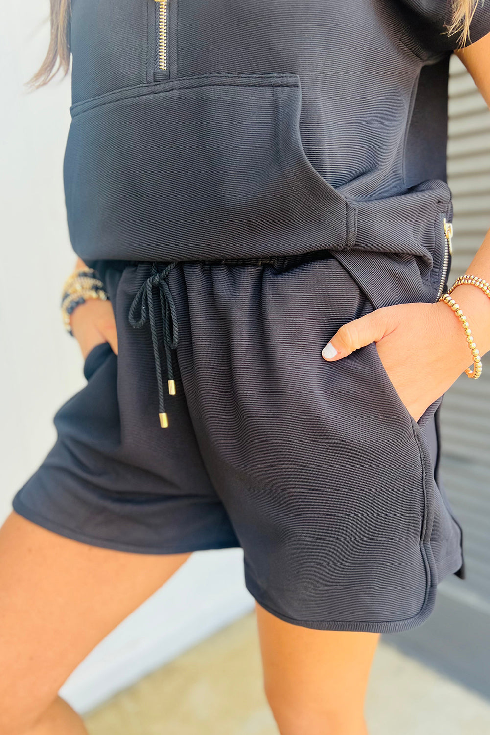 Half Zip Kangaroo Pocket Top Shorts Set
