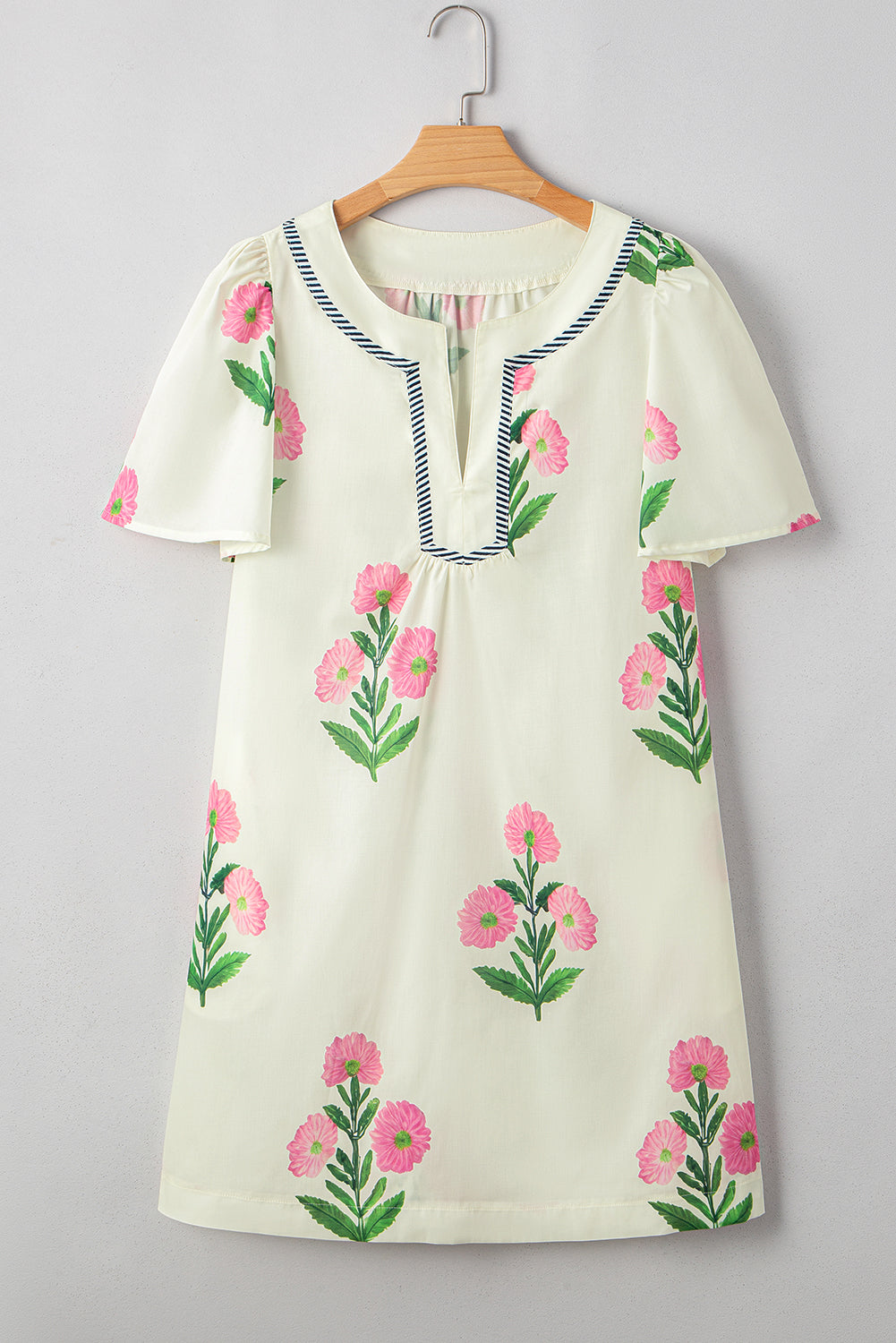 Striped Trim Short Sleeve Floral Mini Dress