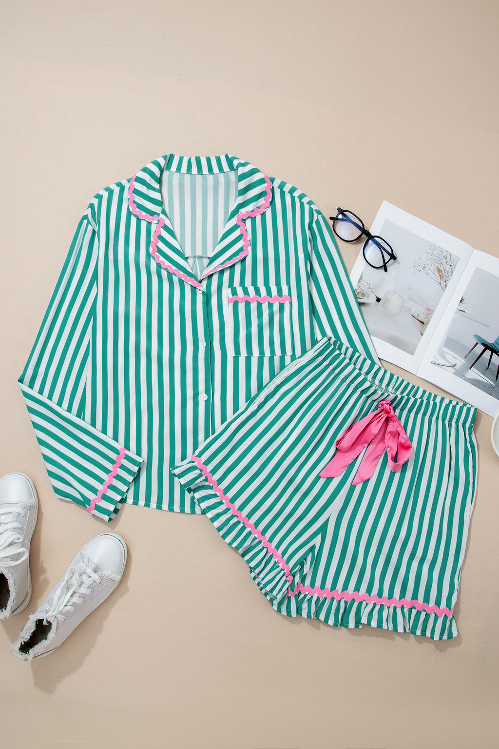 Long Sleeve Shirt Drawstring Ruffled Pajama Short Set