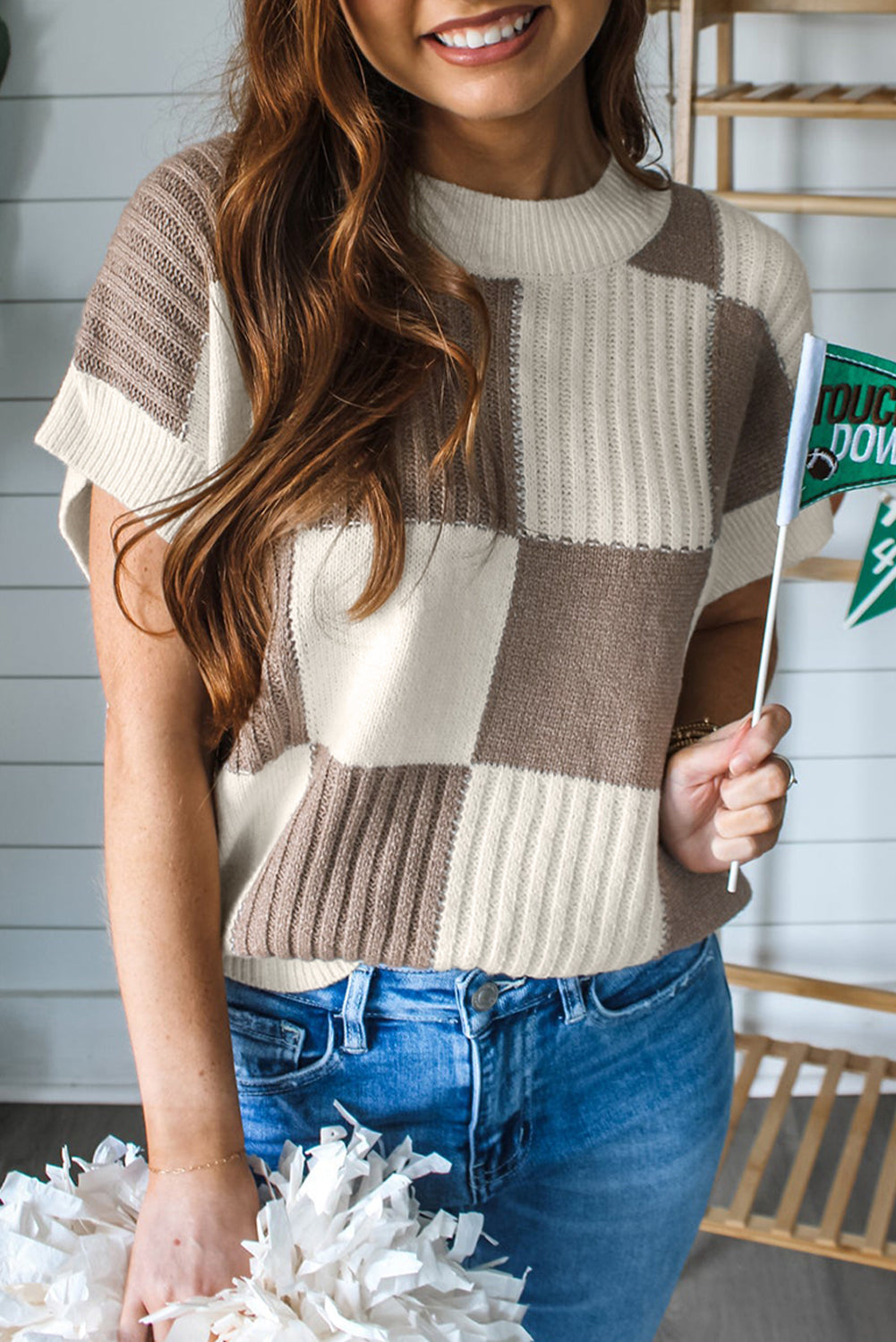 Checkered Crew Neck Short Sleeve Sweater