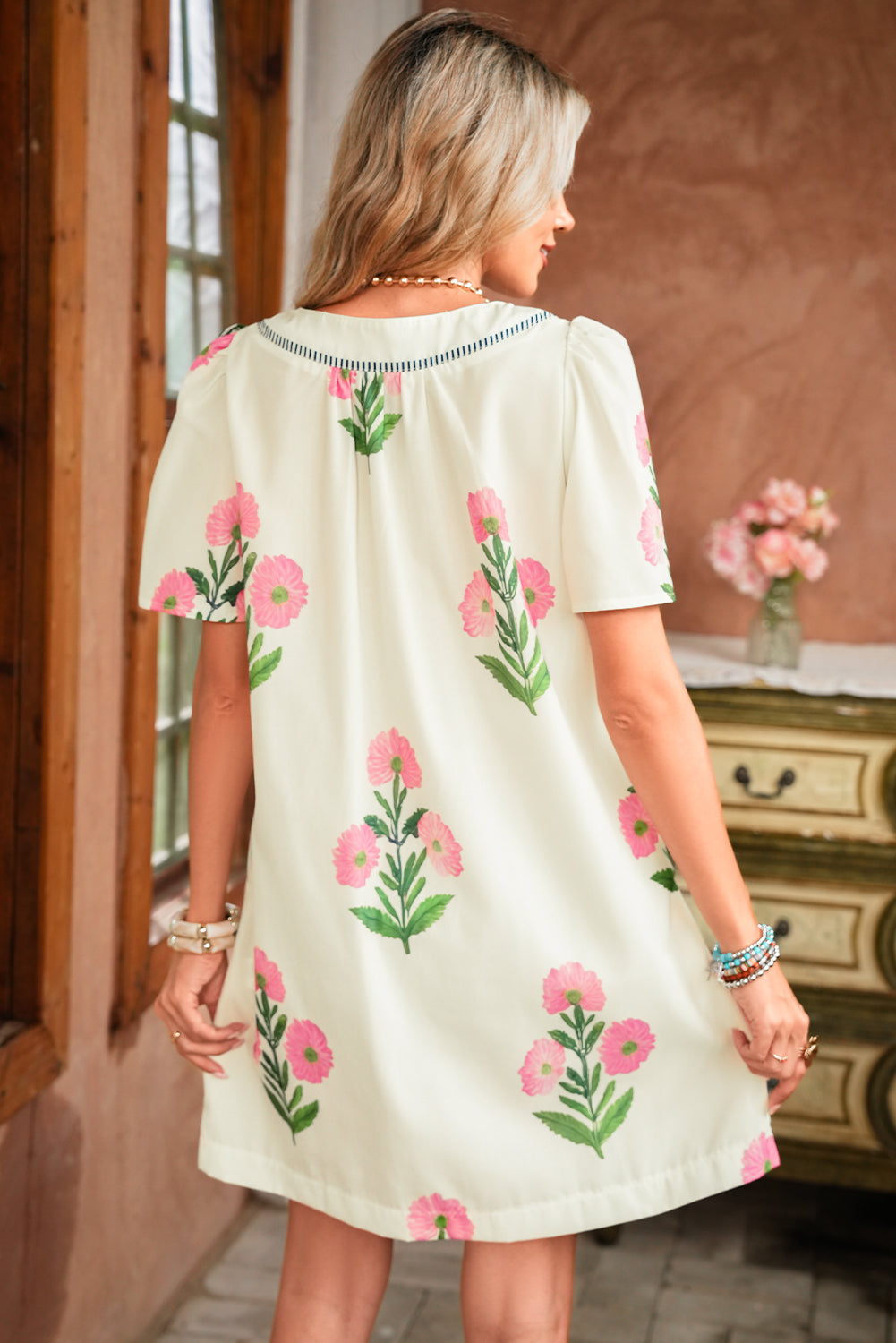 Striped Trim Short Sleeve Floral Mini Dress