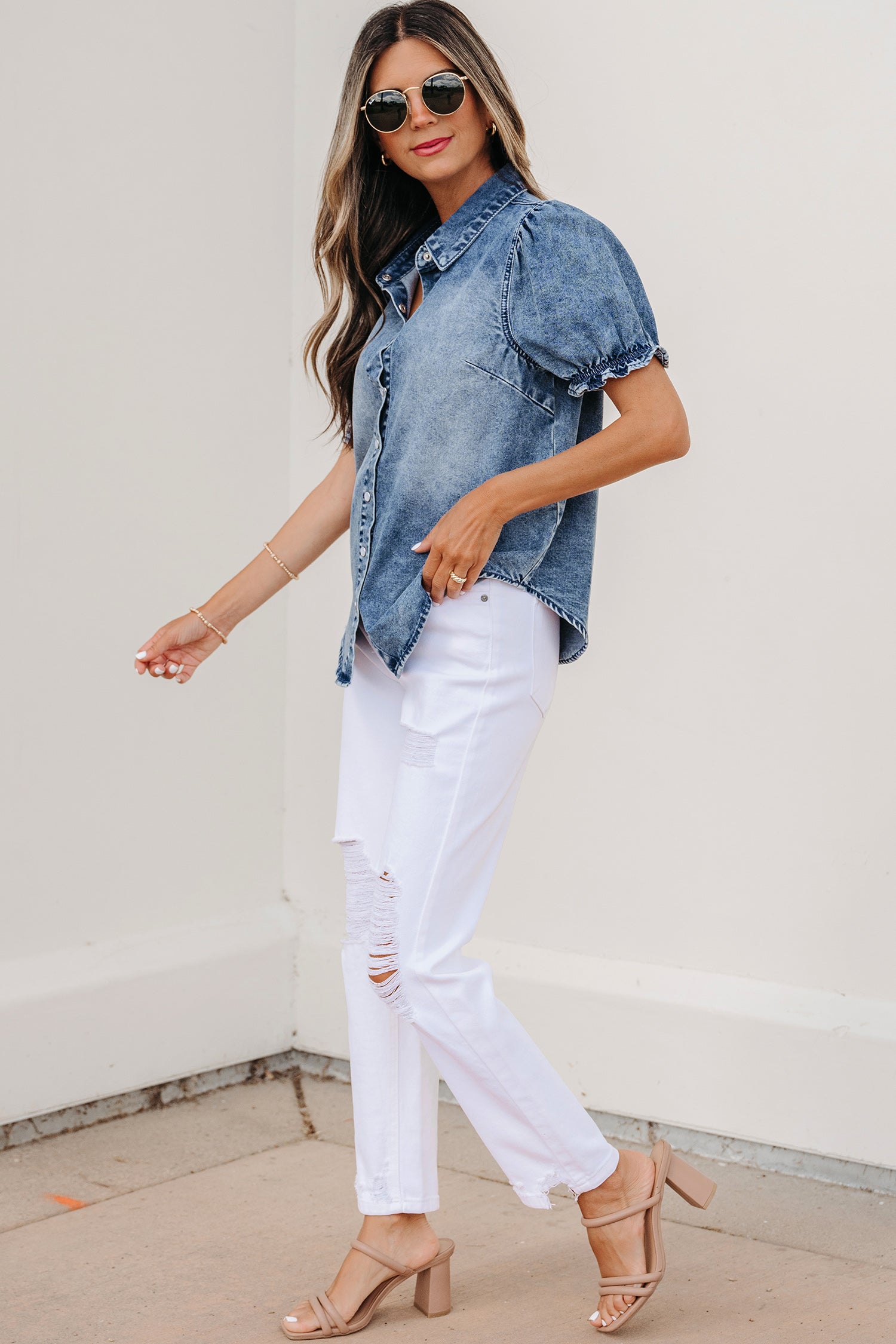 Frilled Short Sleeve Snap Button Denim Shirt