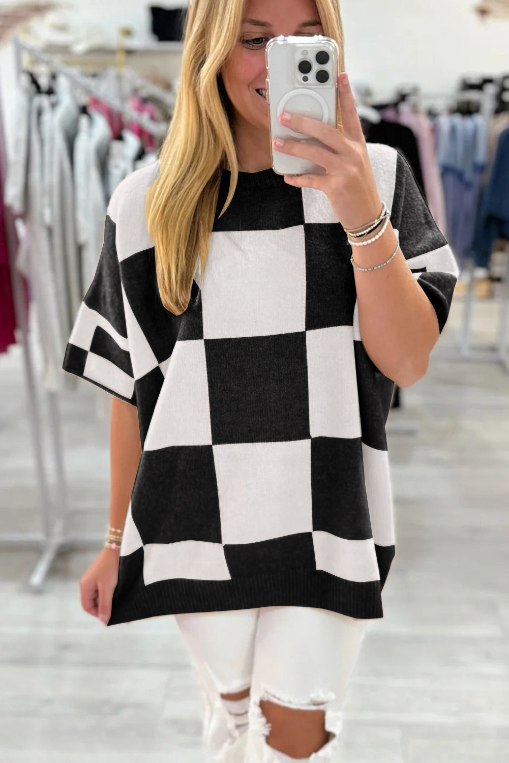 Checkered Pattern Loose Short Sleeve Sweater