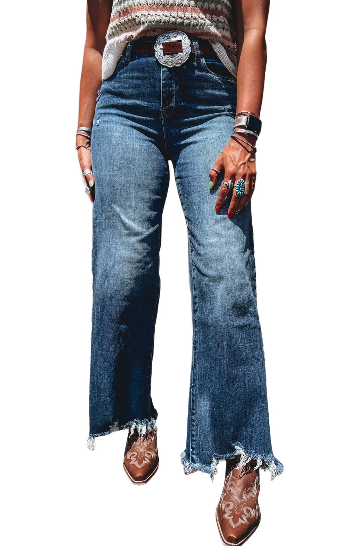 High Waist Frayed Hem Flare Jeans