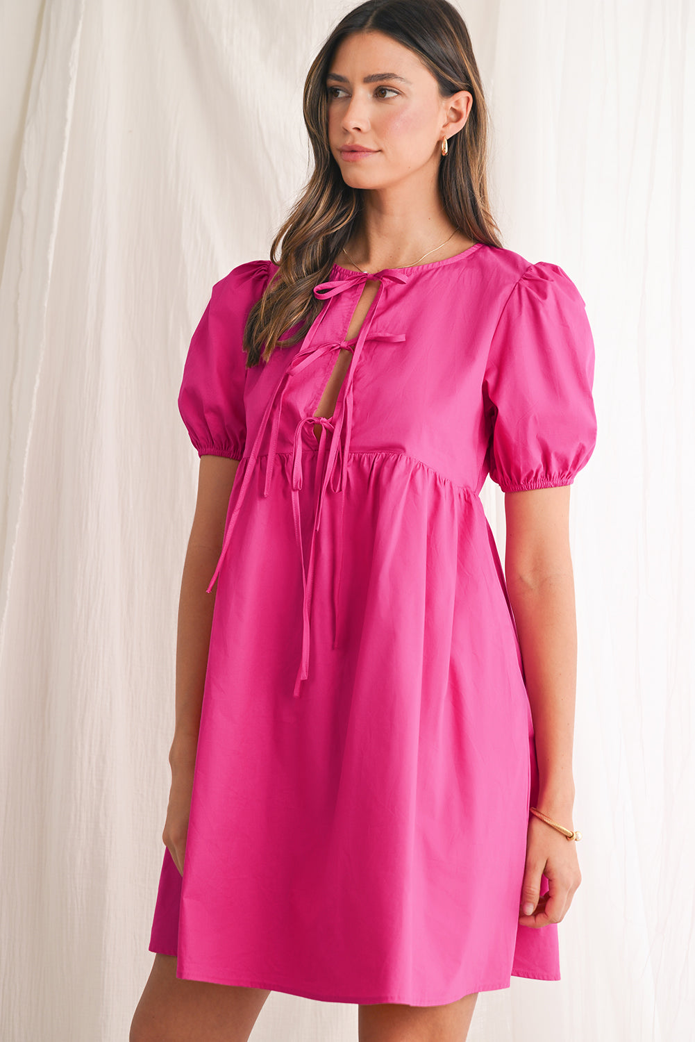 Tie Front Puff Sleeve Mini Dress