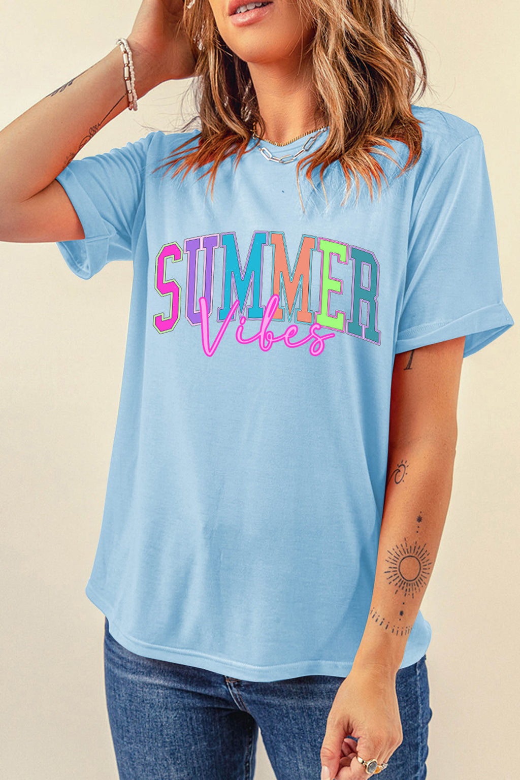 SUMMER Vibes Letter Print Round Neck Casual T-Shirt