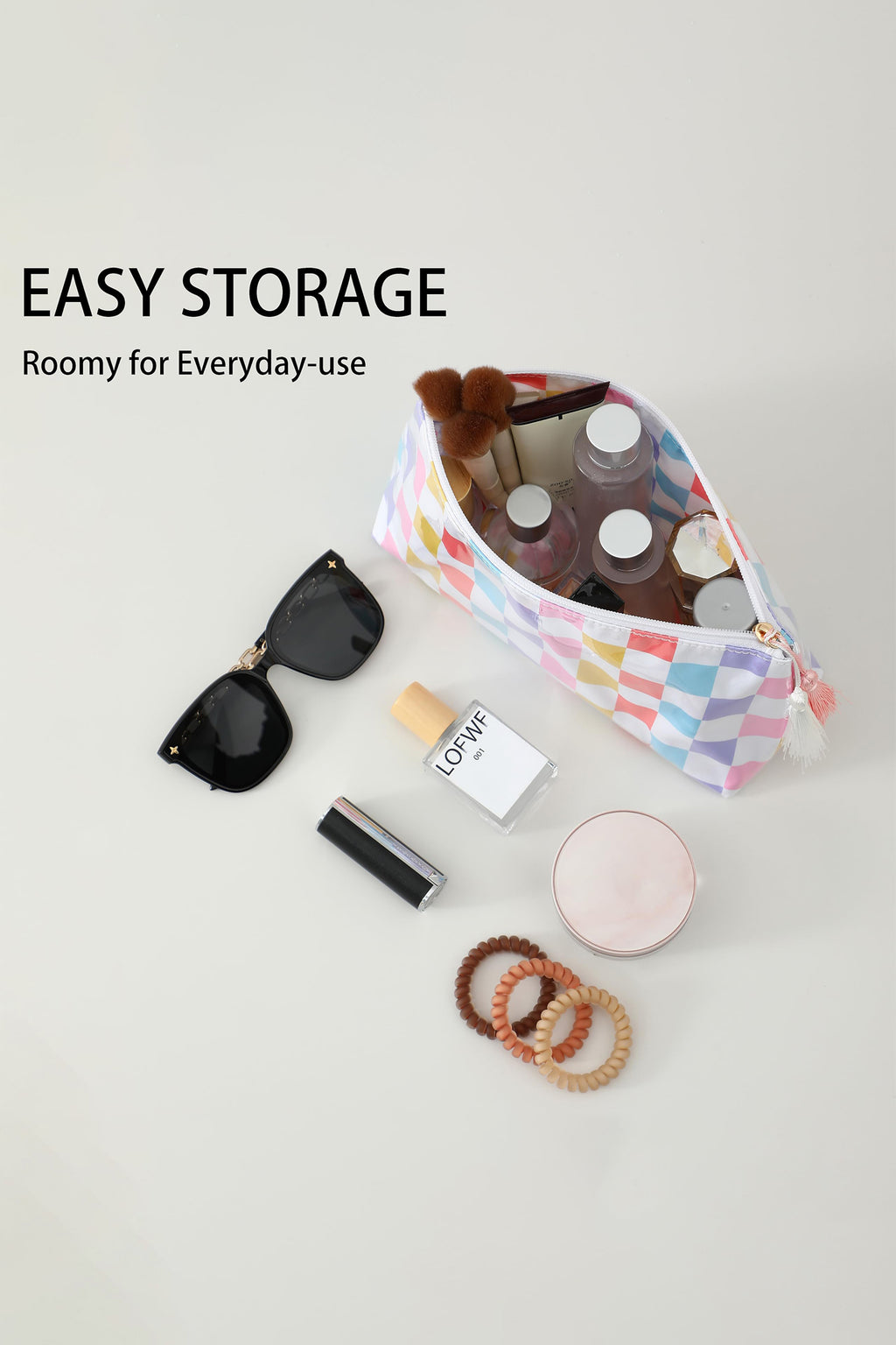 Checkered Vinyl Waterproof Tassel Makeup Bag