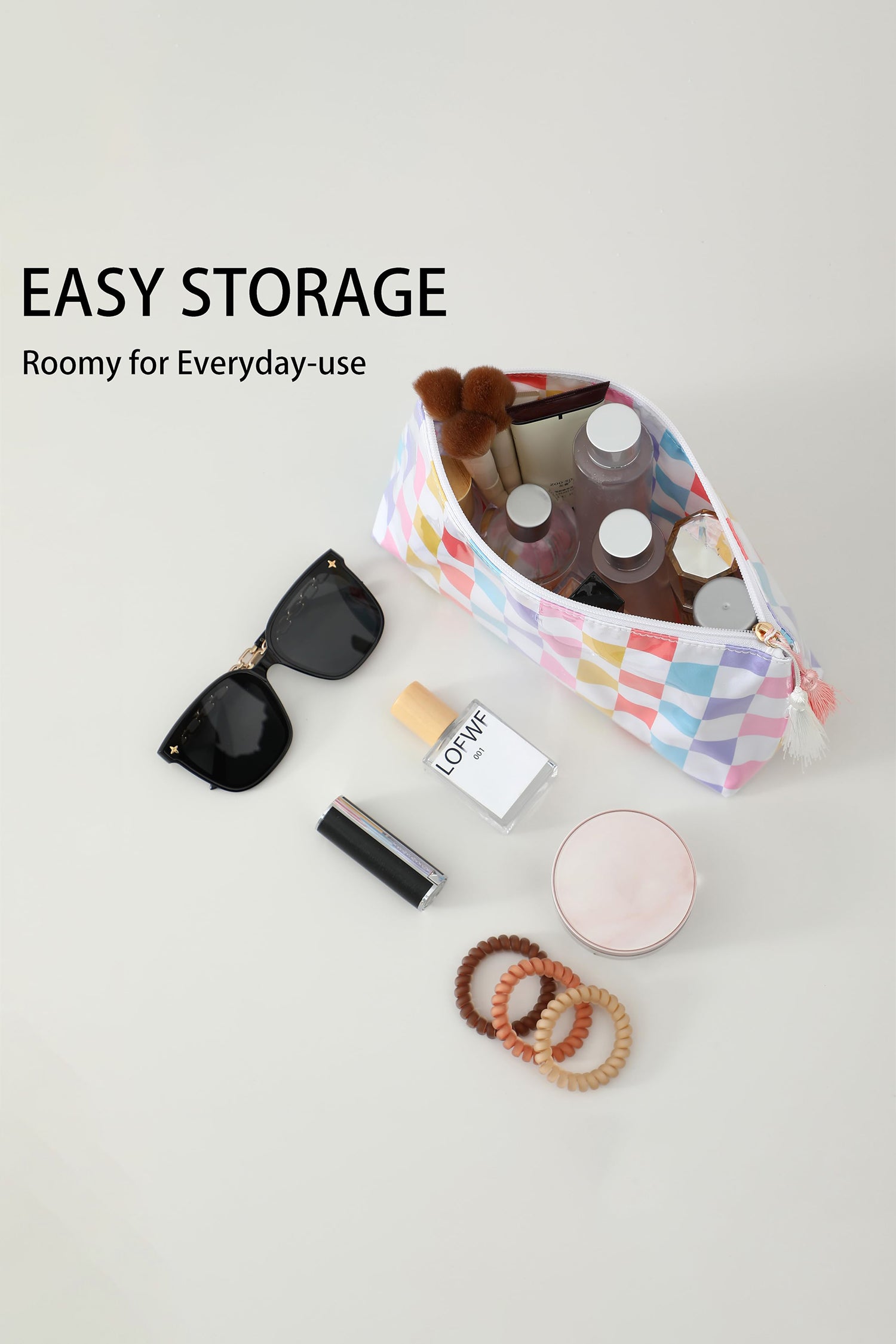 Checkered Vinyl Waterproof Tassel Makeup Bag