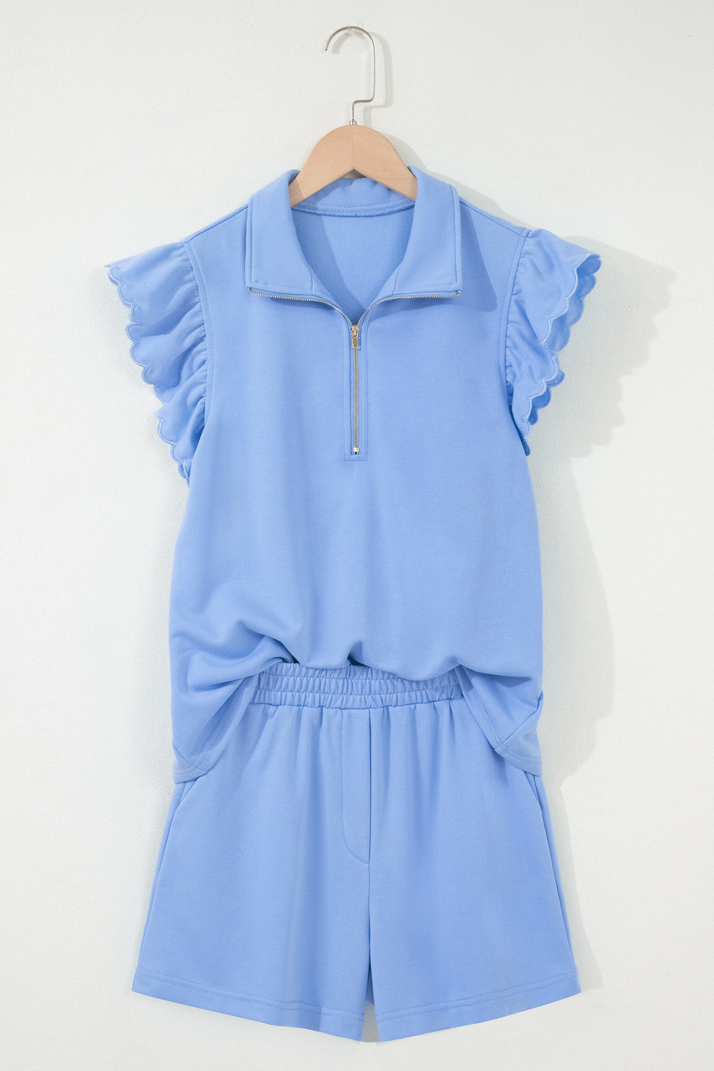 Half Zip Ruffled Short Set