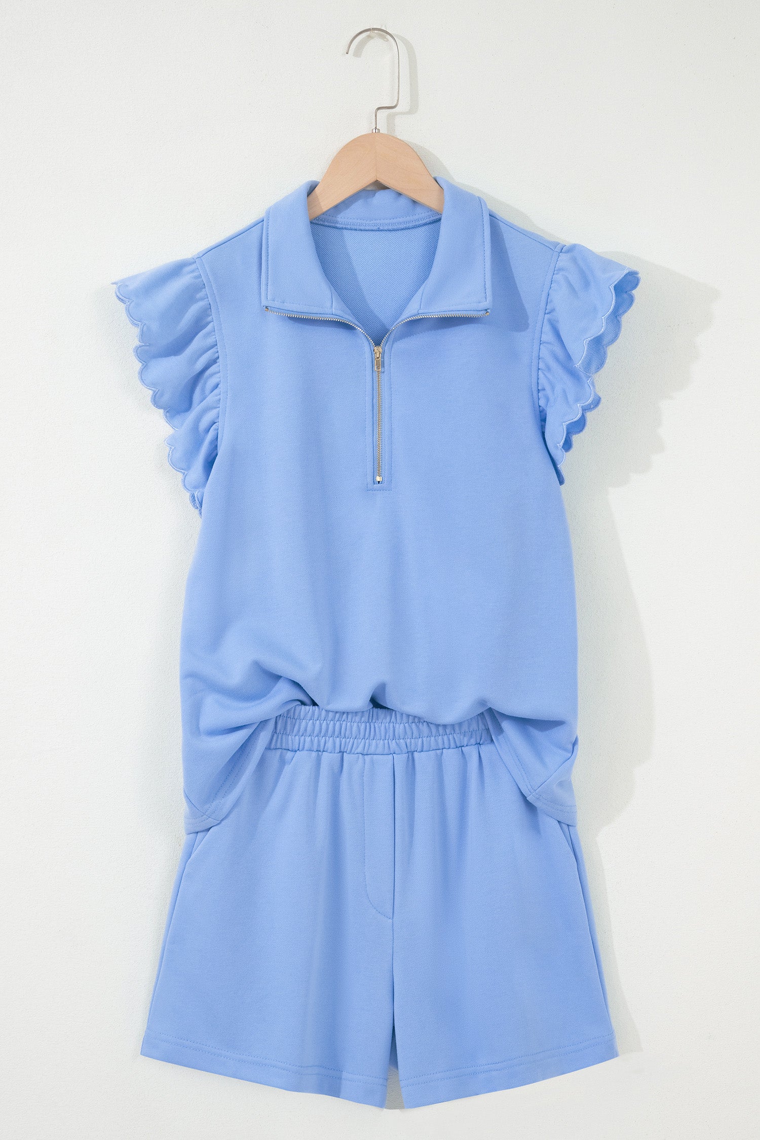 Half Zip Ruffled Short Set
