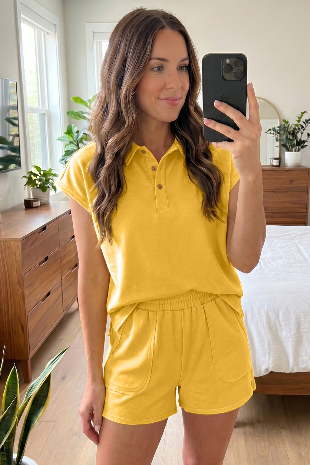 Light Green Loose Polo Tee Elastic Waist 2pcs Short Set