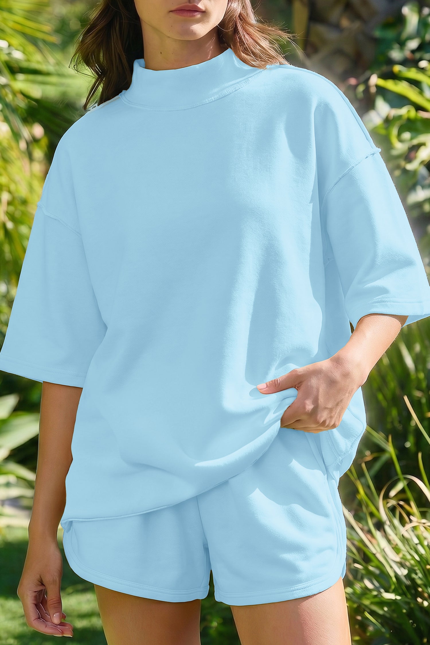 YSolid Color Seam Mock Neck 2 Piece Set