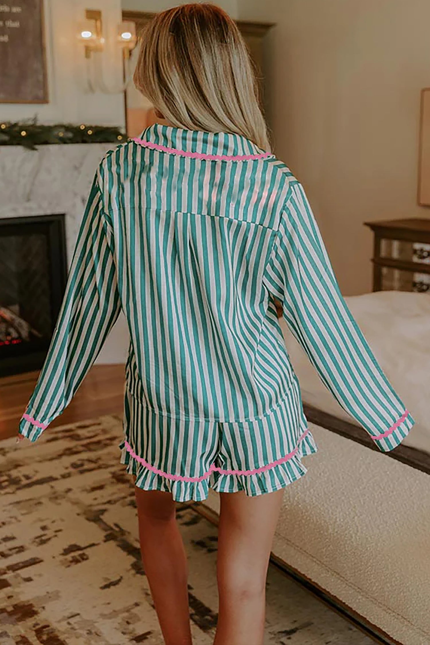 Long Sleeve Shirt Drawstring Ruffled Pajama Short Set