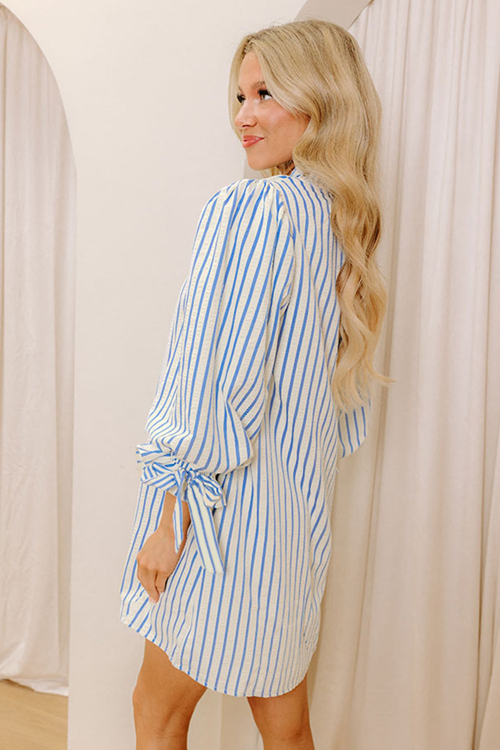 Striped Notched Neck Knot Cuffs Mini Dress