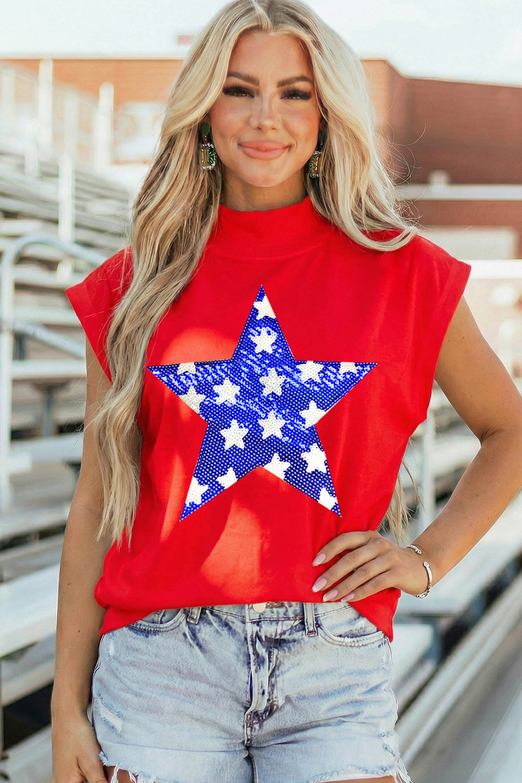 High Neck Sleeveless Star Print Casual Shift Tunic Top
