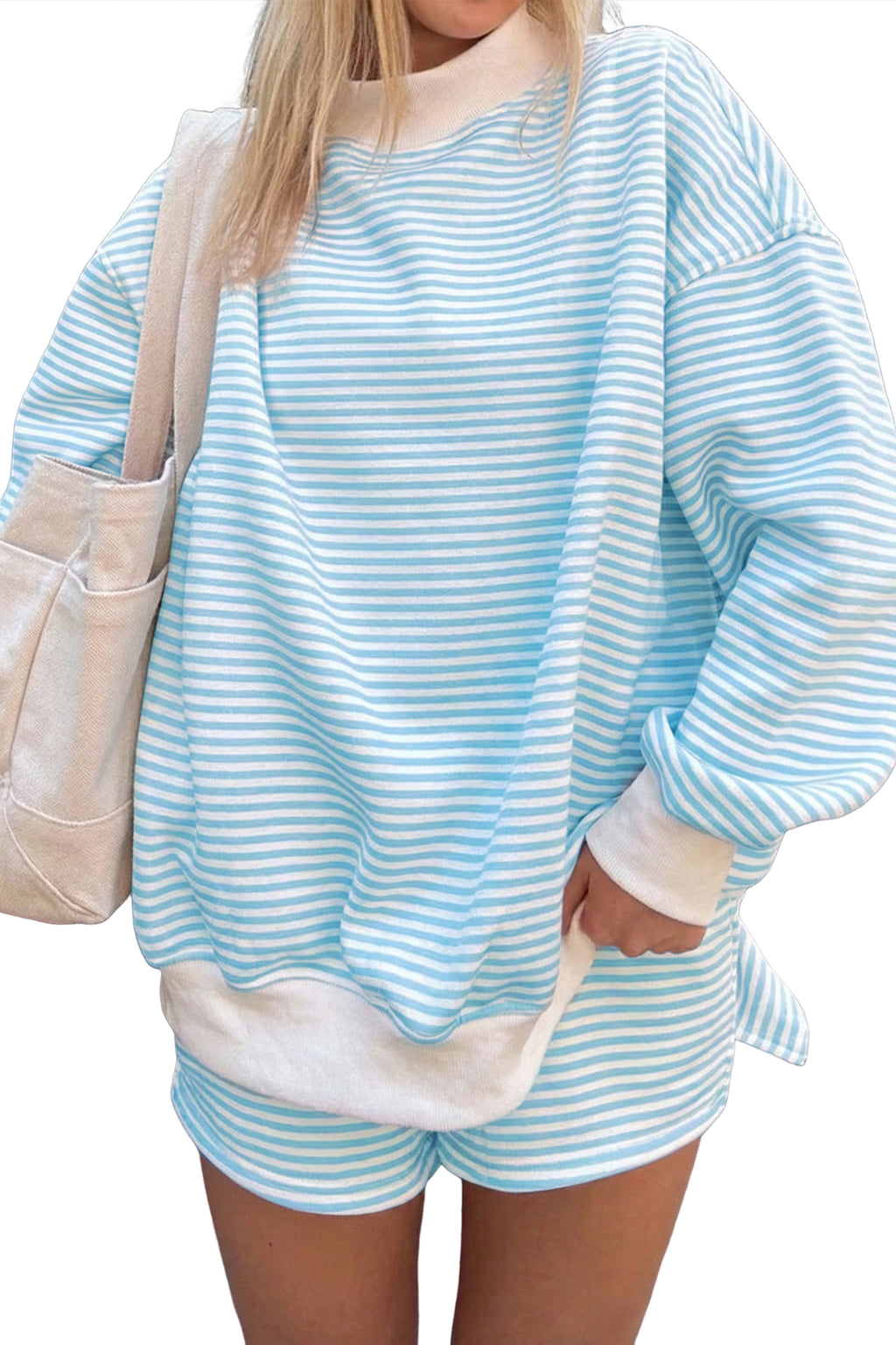 Stripe Oversize Mock Neck Sweatshirt and Shorts Set