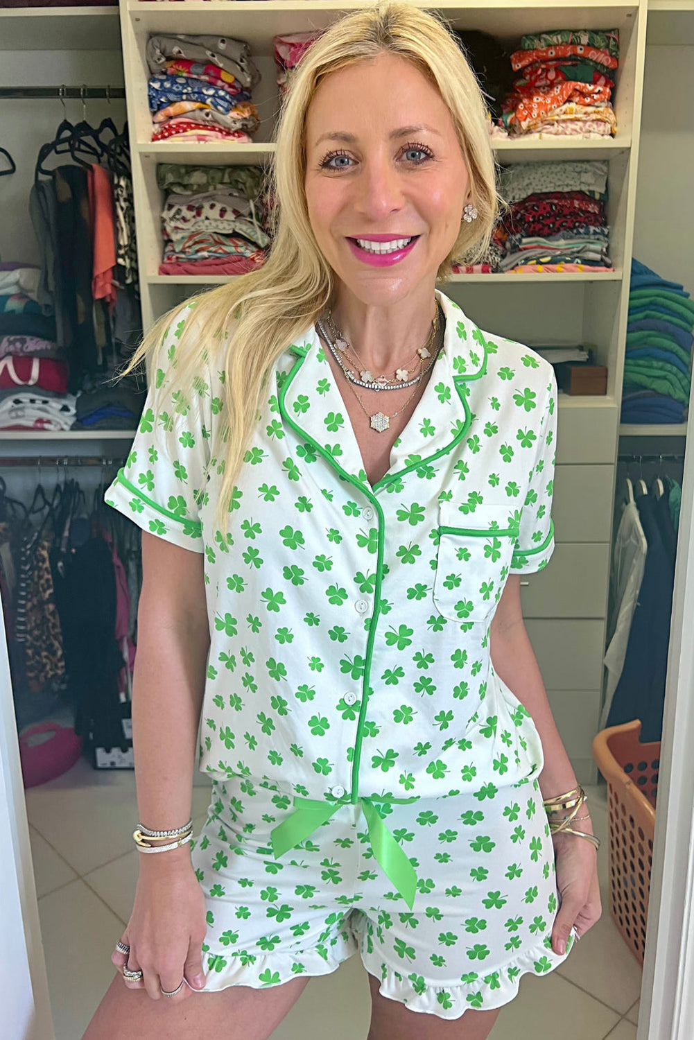 Bow Shirt and Ruffle Hem Shorts Pajama Set