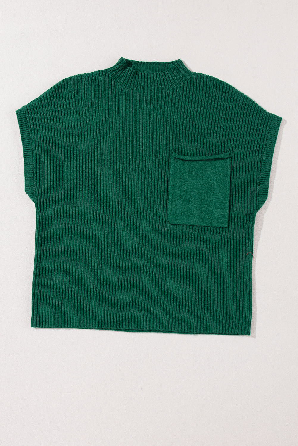 Gray Patch Pocket Ribbed Knit Short Sleeve Sweater