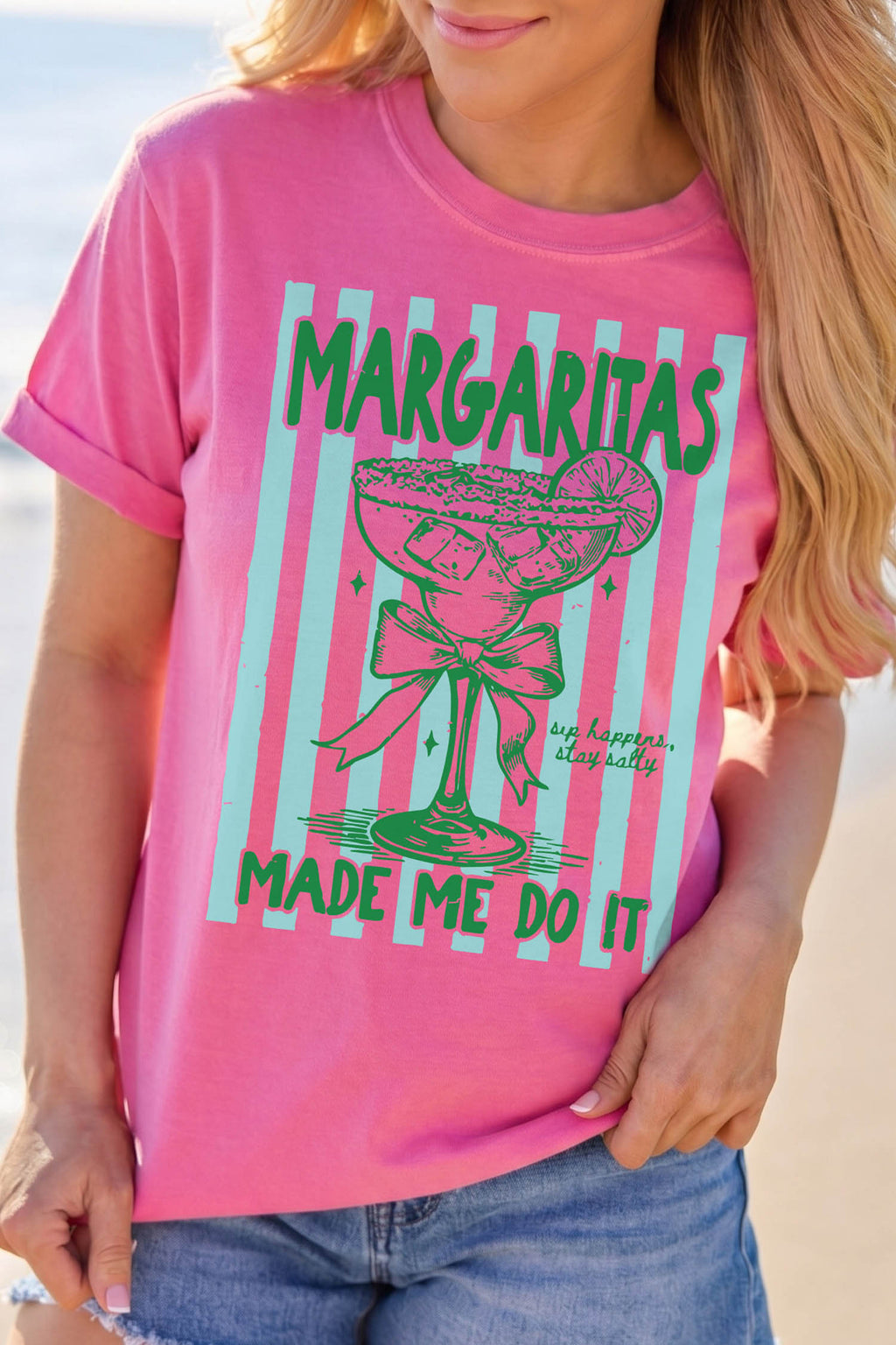 Margaritas Made Me Do It Striped Graphic Beach Vacation Tee