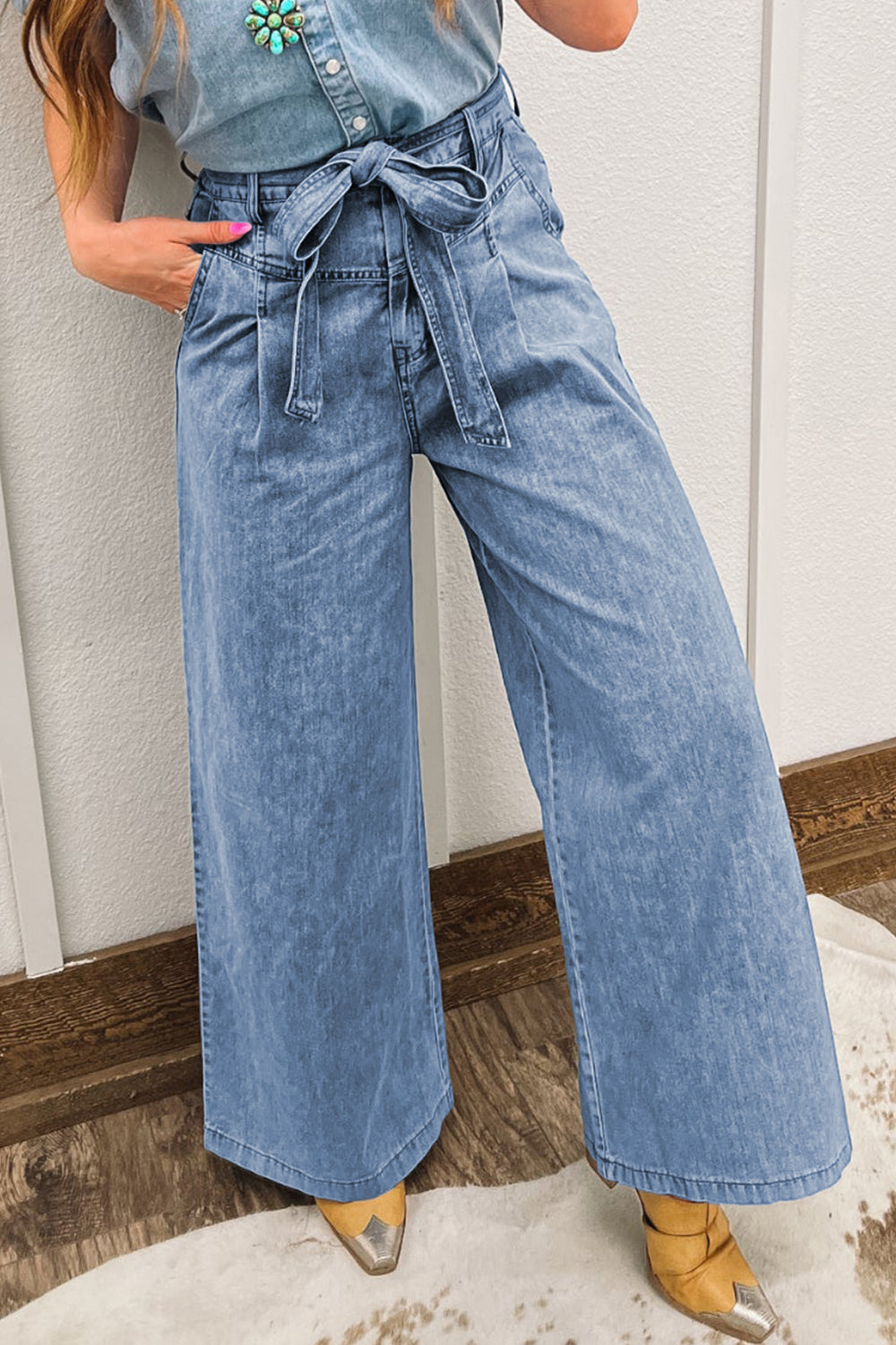 Vintage Washed Knot Belt Wide Leg Jeans