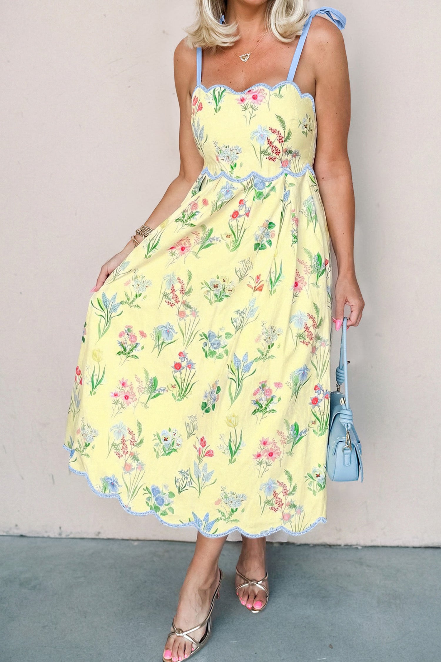 Yellow Self-tie Straps High Waist Midi Dress
