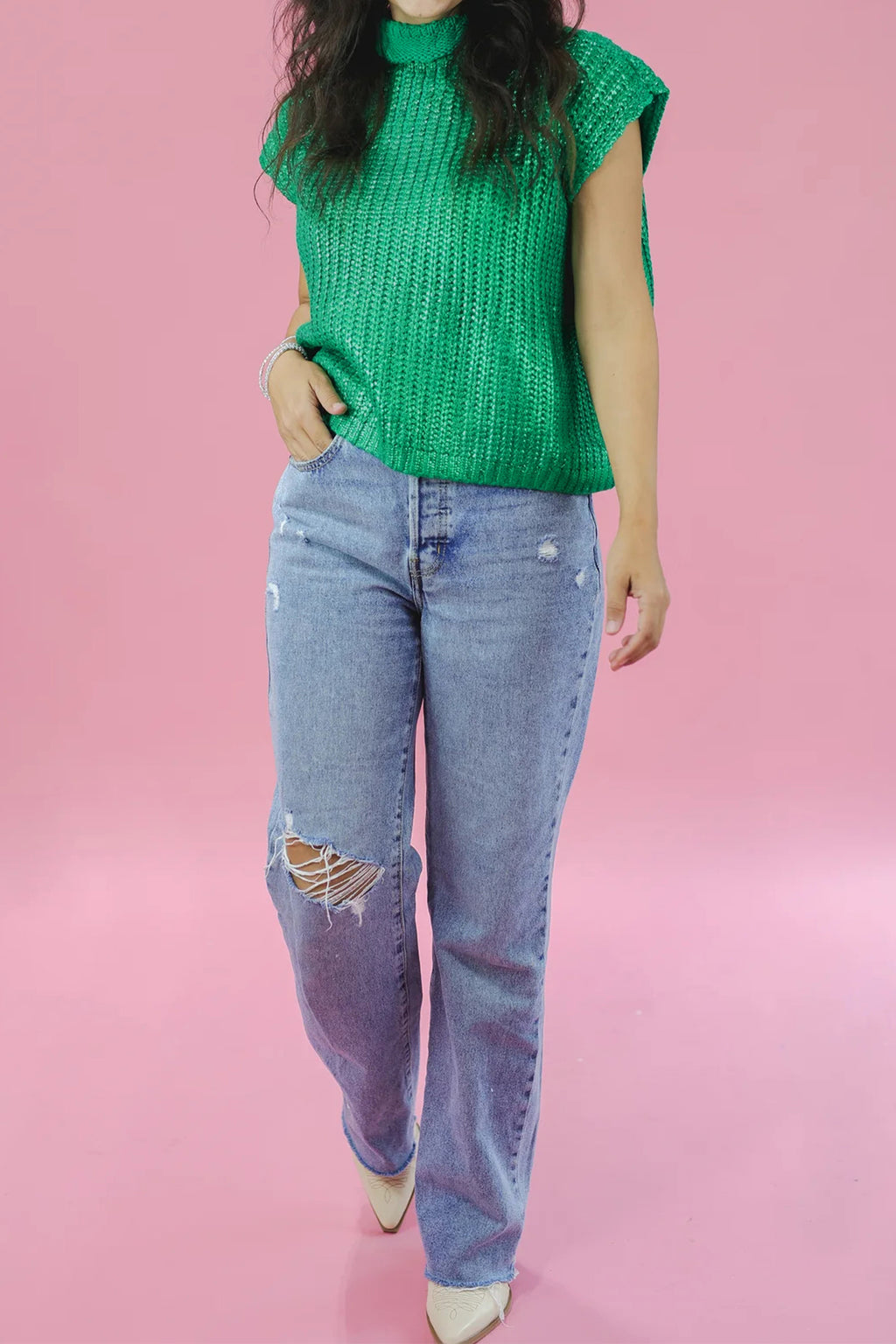 Wisteria Solid Color Knit High Neck Short Sleeve Sweater