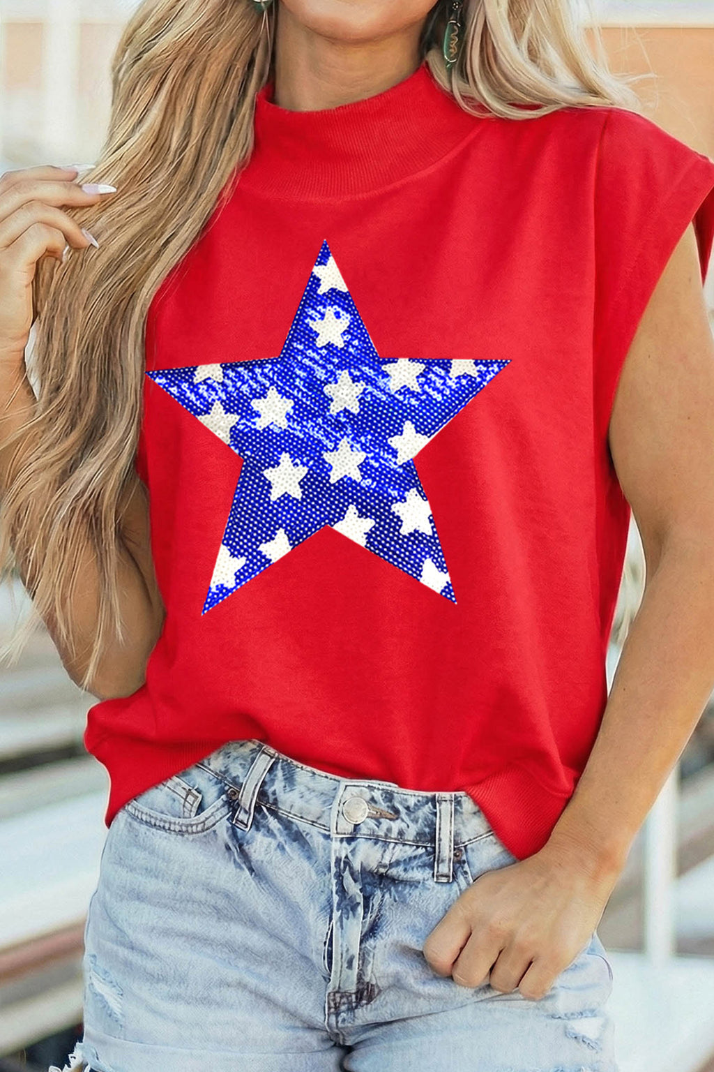 High Neck Sleeveless Star Print Casual Shift Tunic Top
