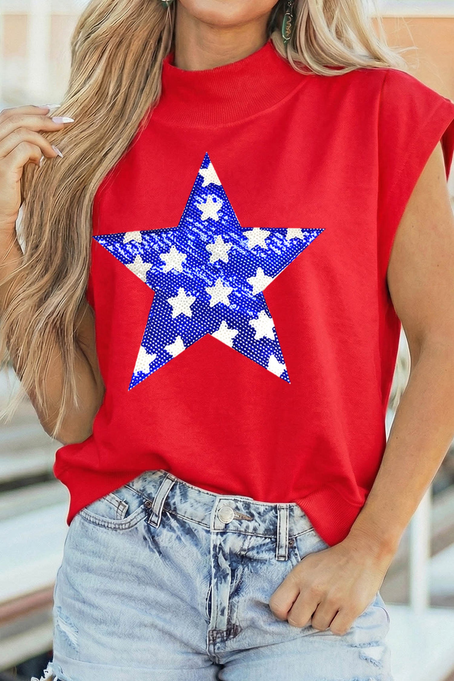 High Neck Sleeveless Star Print Casual Shift Tunic Top