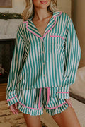 Long Sleeve Shirt Drawstring Ruffled Pajama Short Set