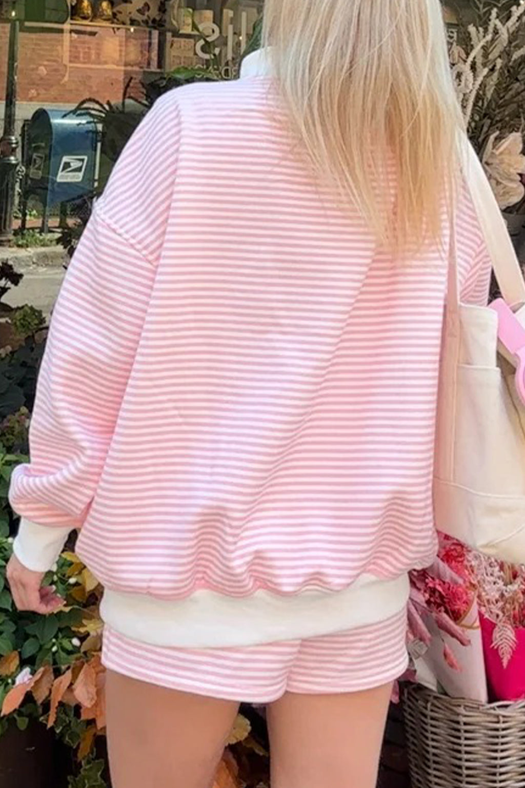 Stripe Oversize Mock Neck Sweatshirt and Shorts Set