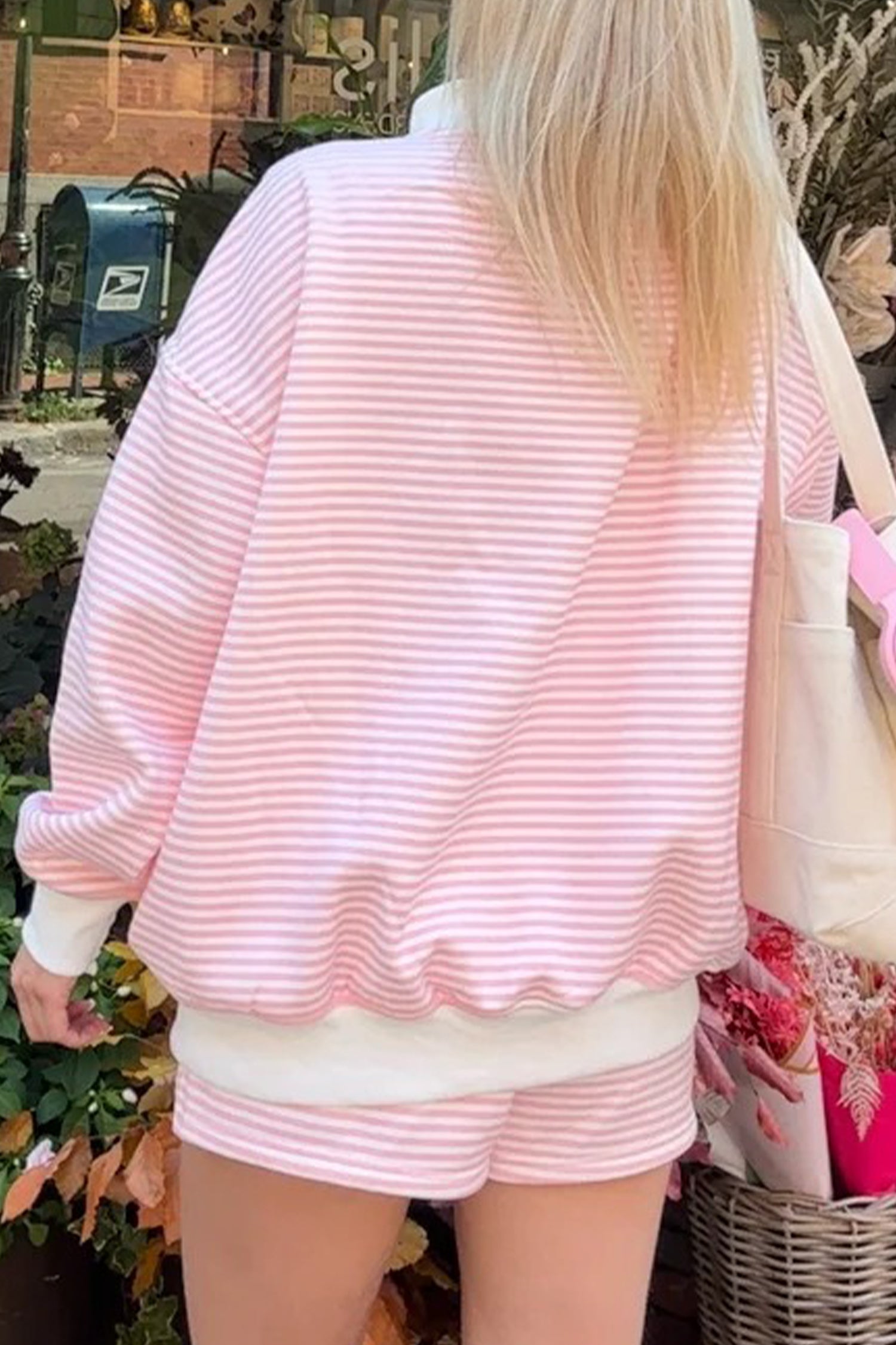 Stripe Oversize Mock Neck Sweatshirt and Shorts Set