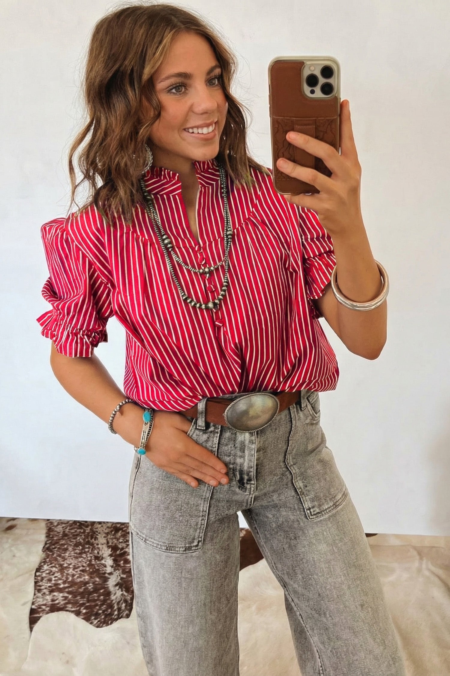 Stripe Ruffled Short Puff Sleeve Blouse