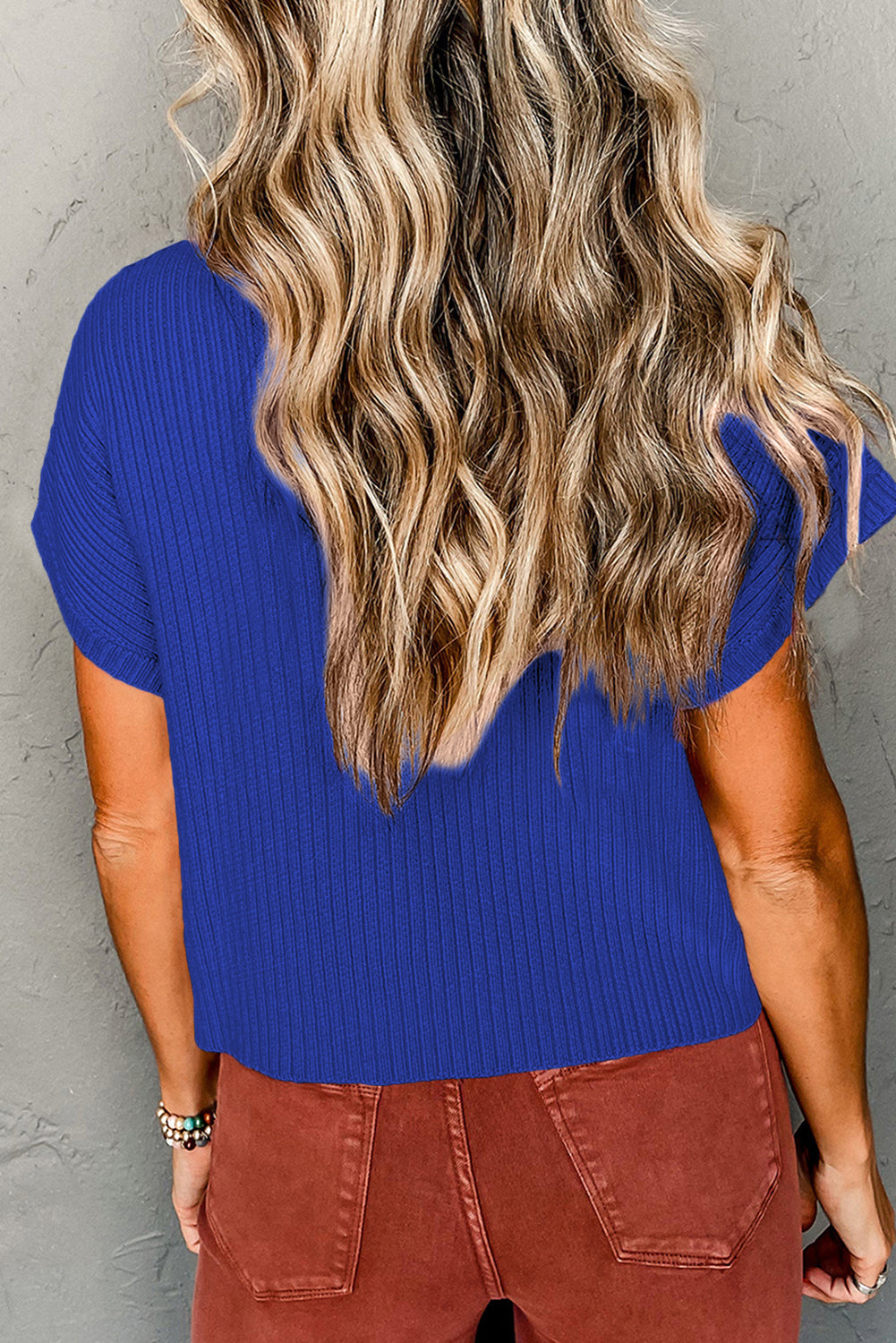 Gray Patch Pocket Ribbed Knit Short Sleeve Sweater