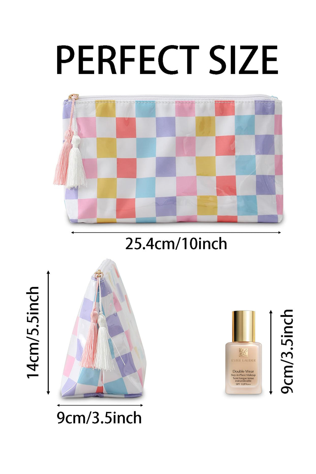 Checkered Vinyl Waterproof Tassel Makeup Bag