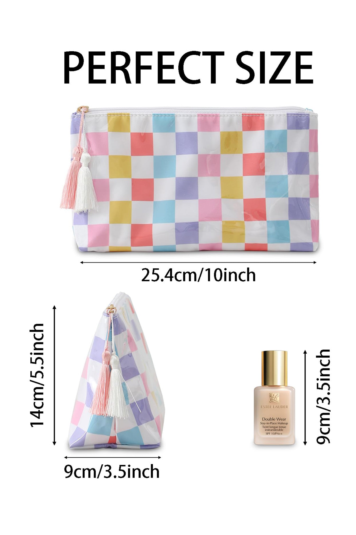 Checkered Vinyl Waterproof Tassel Makeup Bag