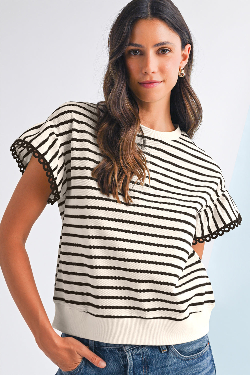 Black Stripe Scallop Ruffle Sleeves Top