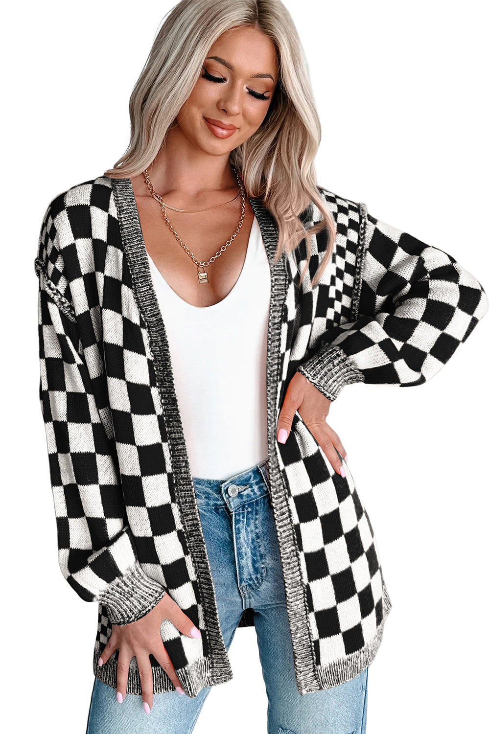 Checkered Open Front Drop Shoulder Cardigan