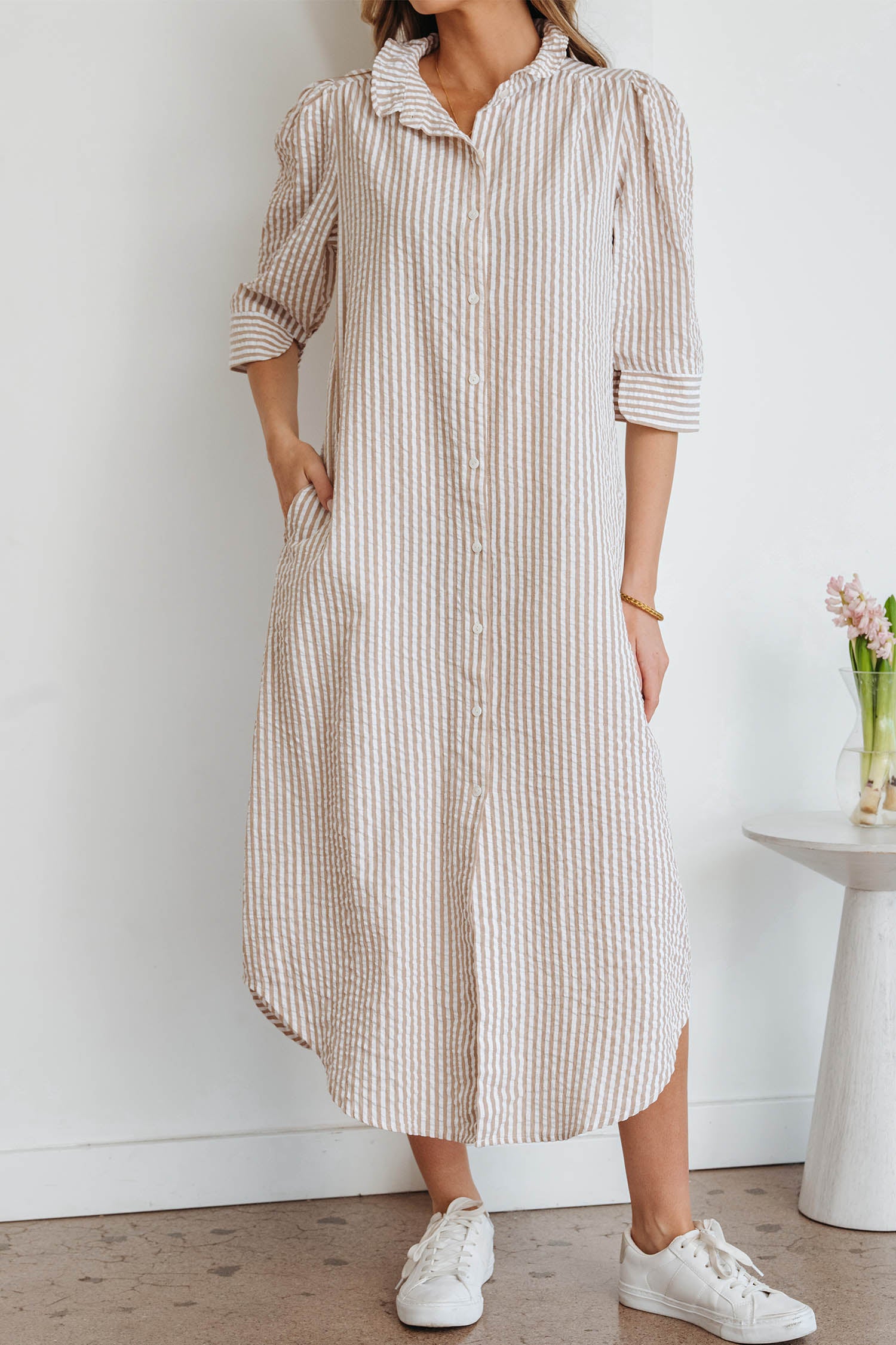 Stripe Frilled Collar Half Sleeve Shirt Maxi Dress