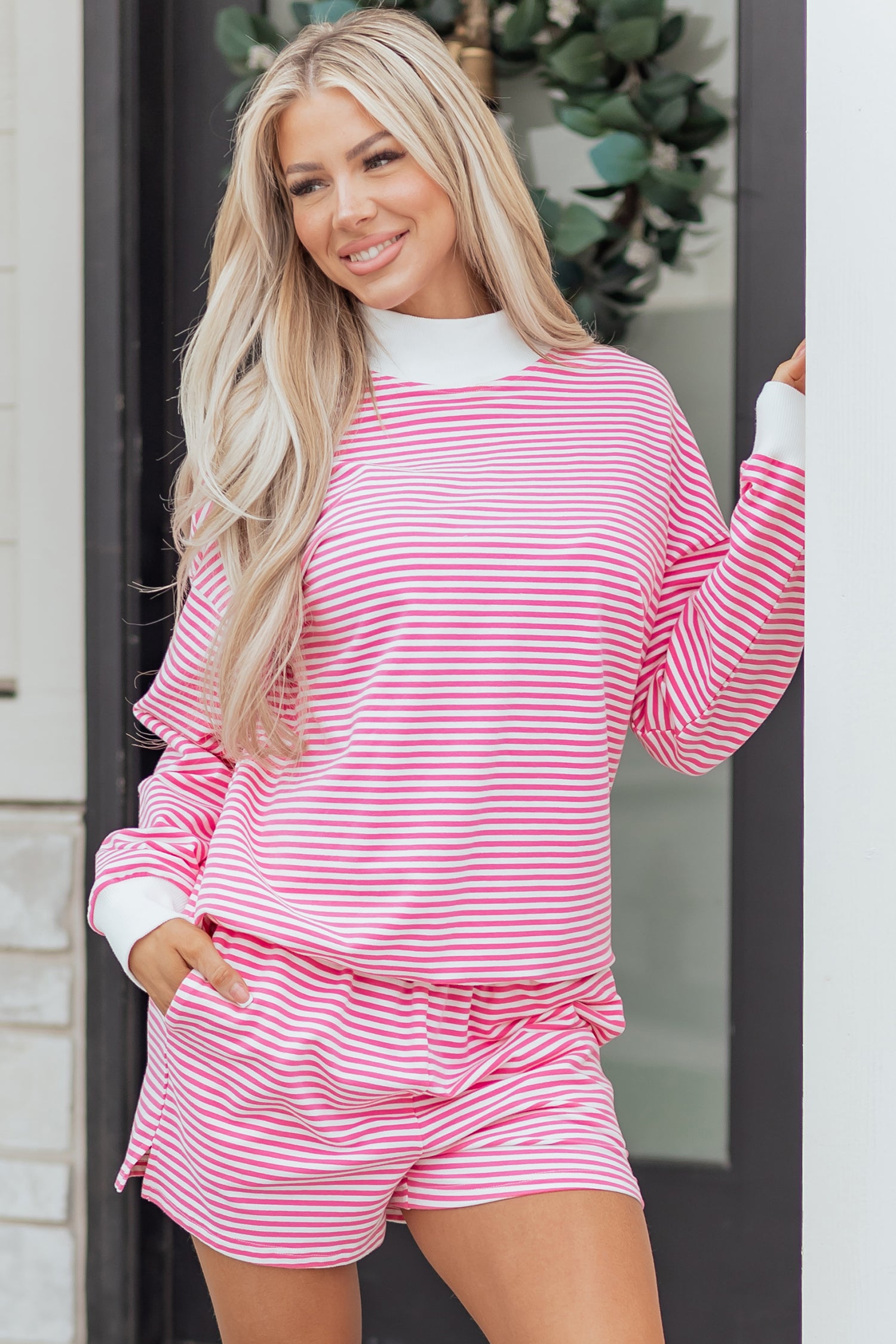 Stripe Oversize Mock Neck Sweatshirt and Shorts Set