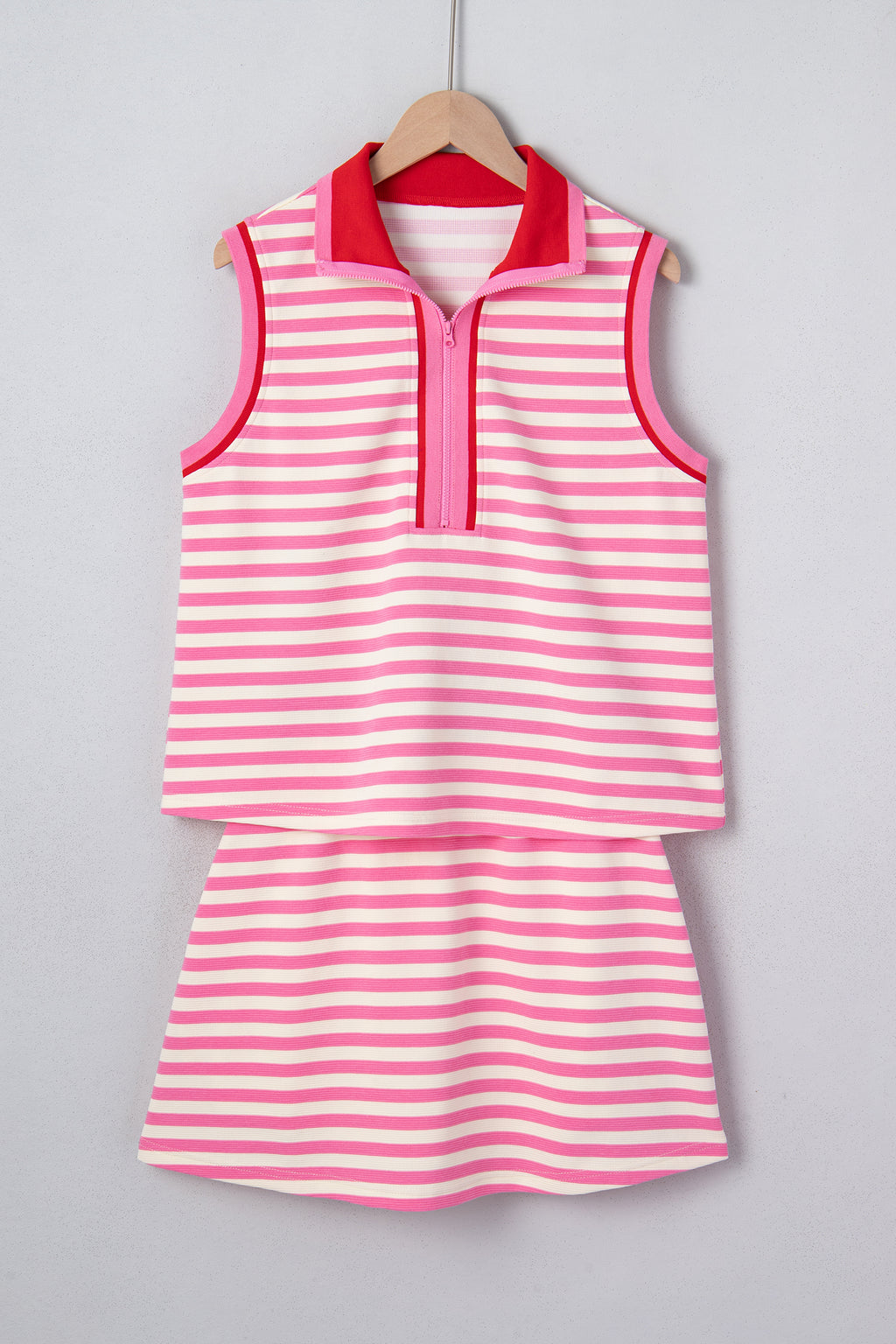 Dark Blue Textured Stripe Print Contrast Trim Zip Collar Sleeveless 2pcs Skort Set