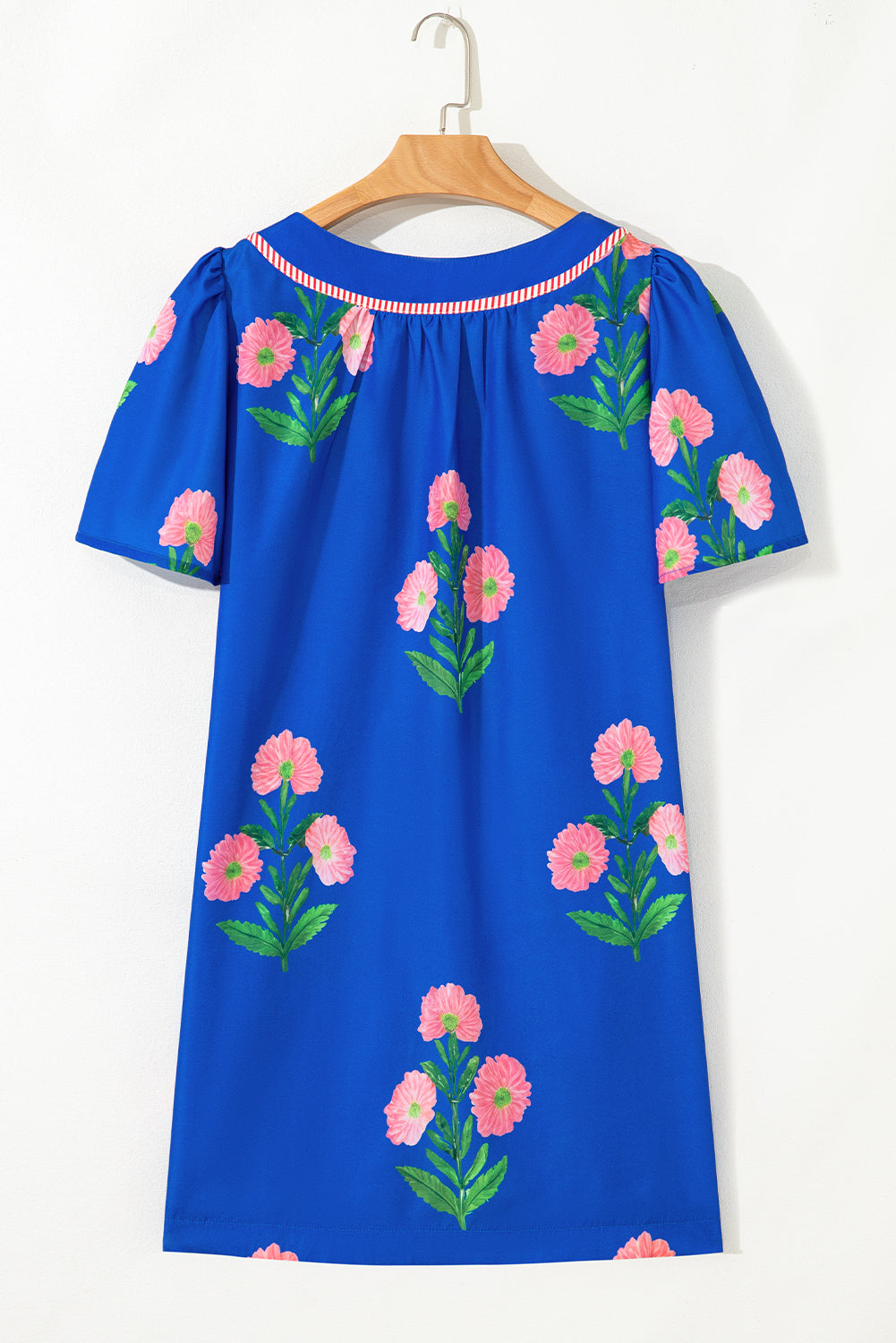Striped Trim Short Sleeve Floral Mini Dress