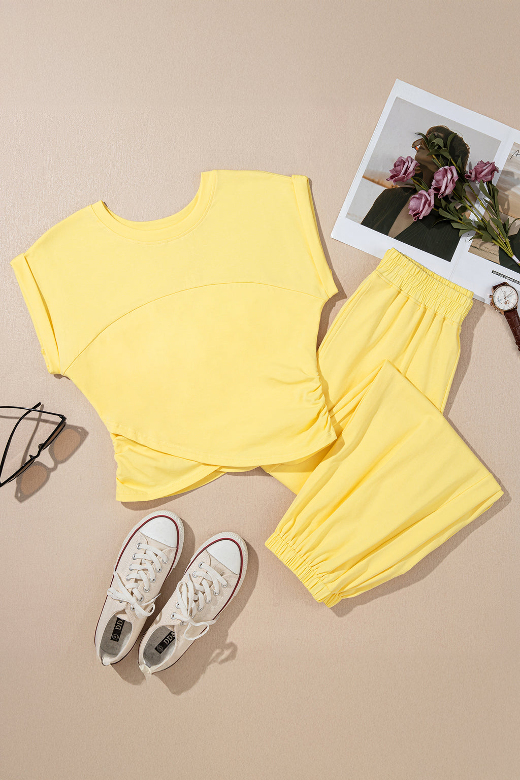 Solid Color Cropped Tank Top and Jogger Pants Set