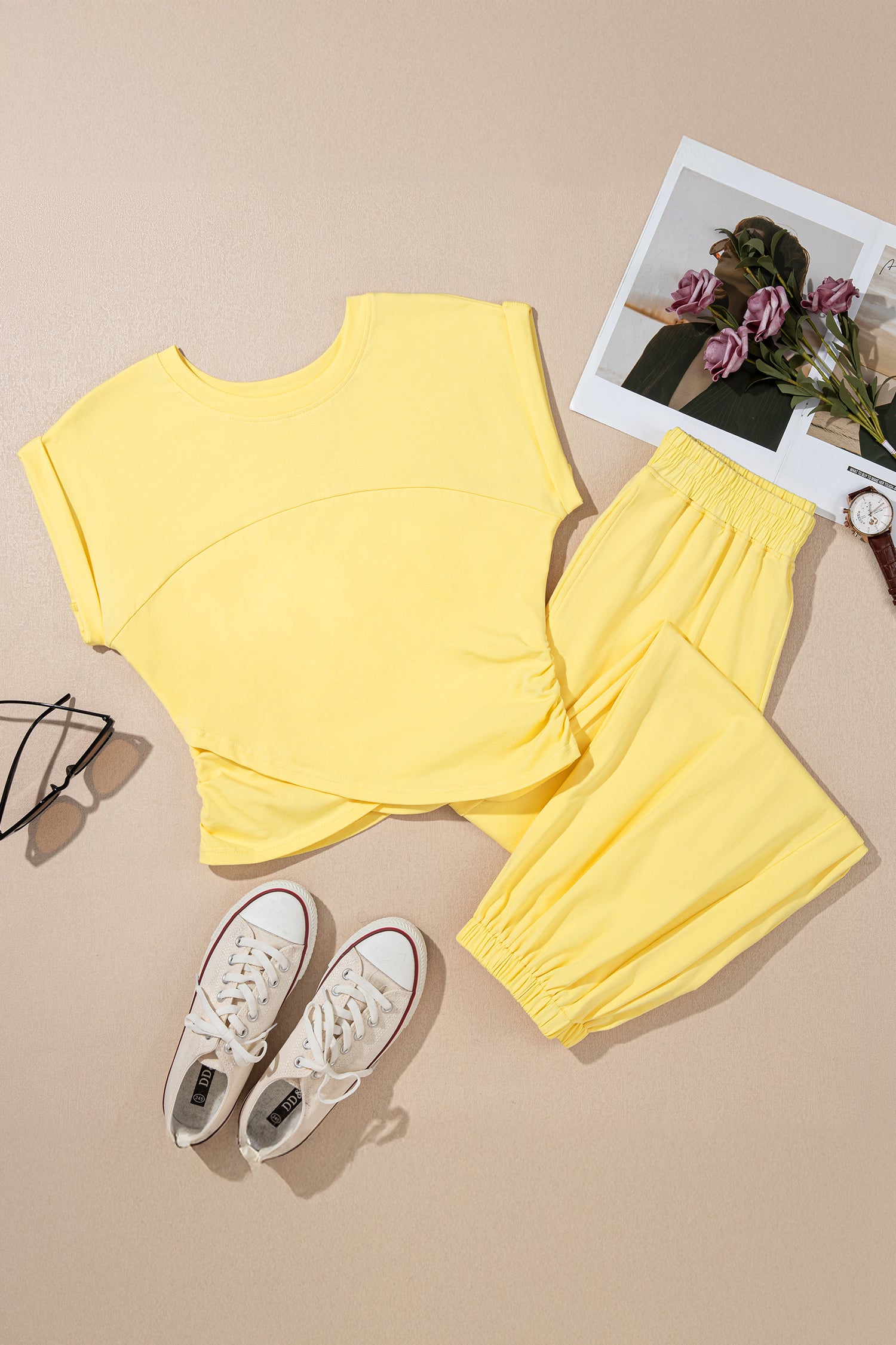 Solid Color Cropped Tank Top and Jogger Pants Set
