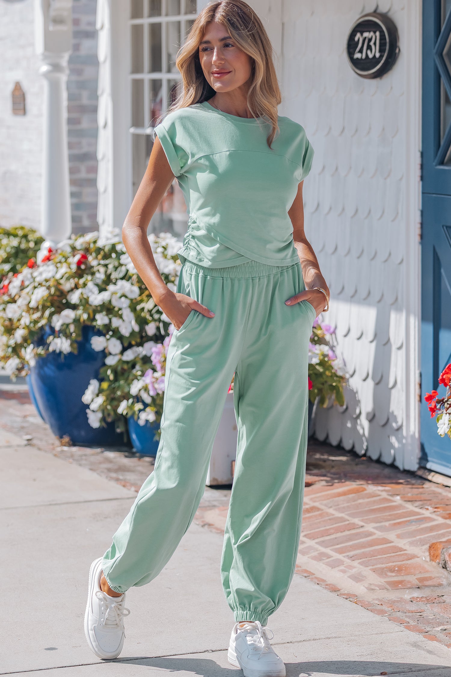 Solid Color Cropped Tank Top and Jogger Pants Set