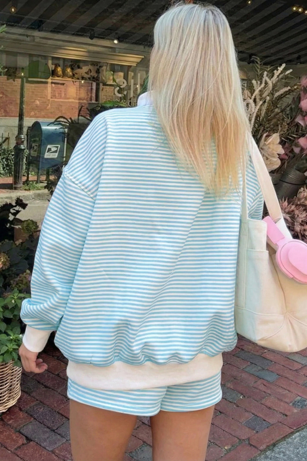 Stripe Oversize Mock Neck Sweatshirt and Shorts Set
