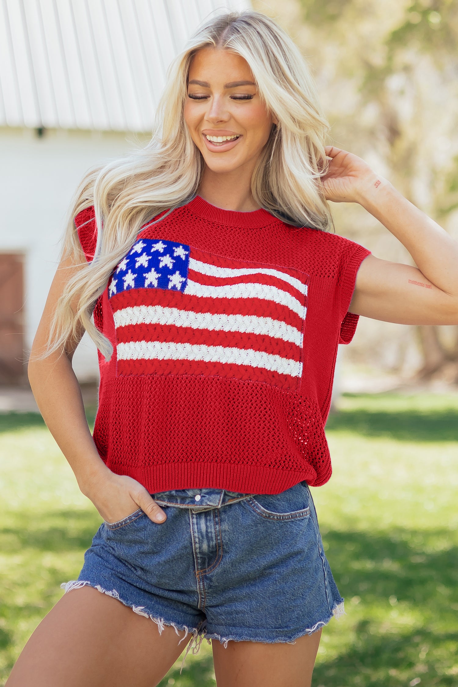 Flag Short Sleeve Sweater Top
