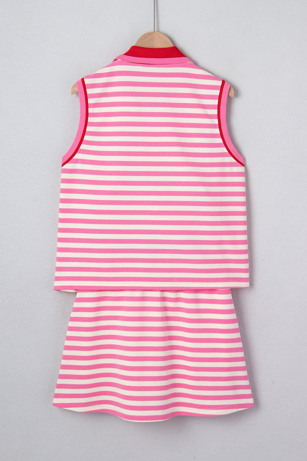 Dark Blue Textured Stripe Print Contrast Trim Zip Collar Sleeveless 2pcs Skort Set