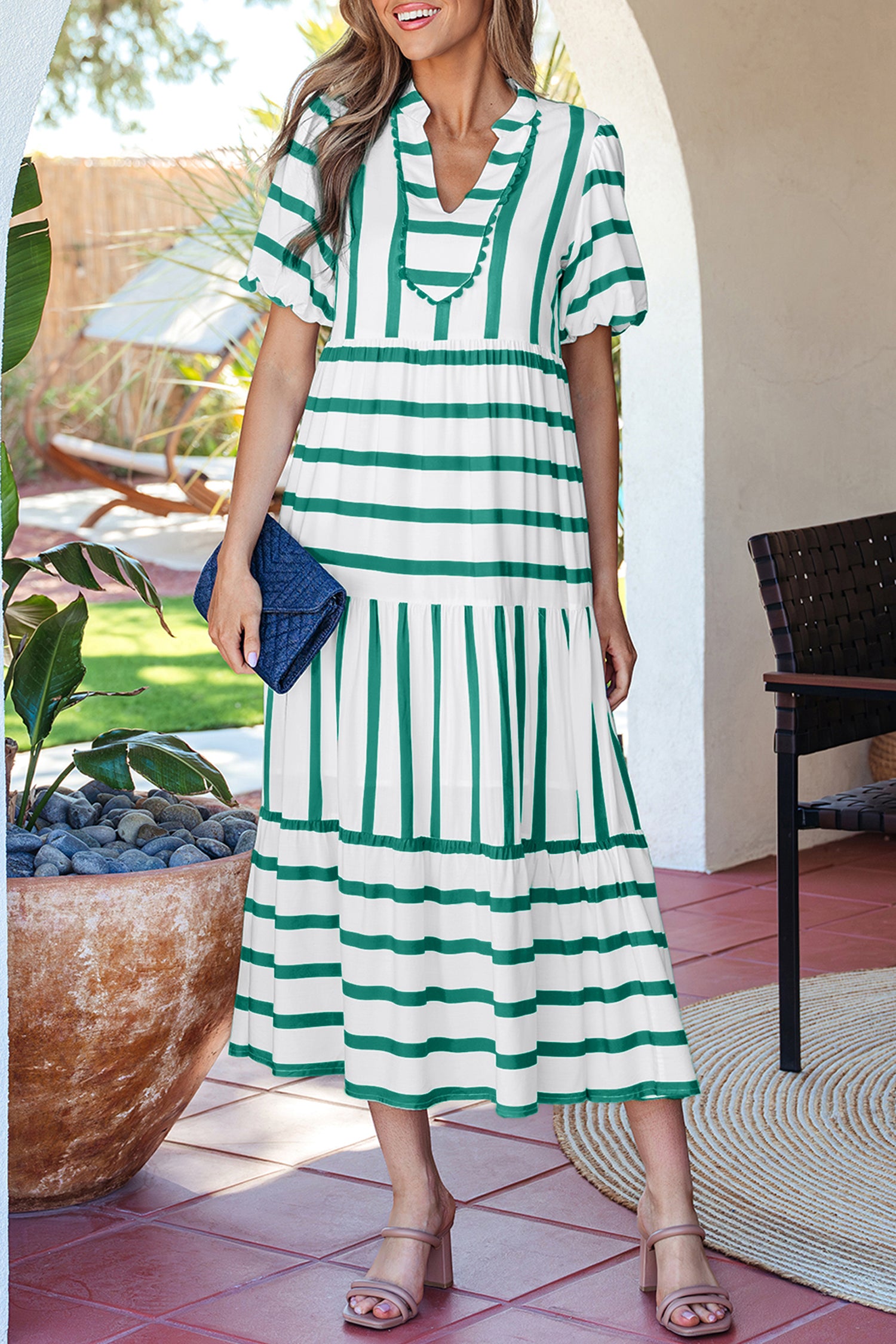 Stripe Ricrac Trim Notched Neck Half Sleeve Vacation Dress